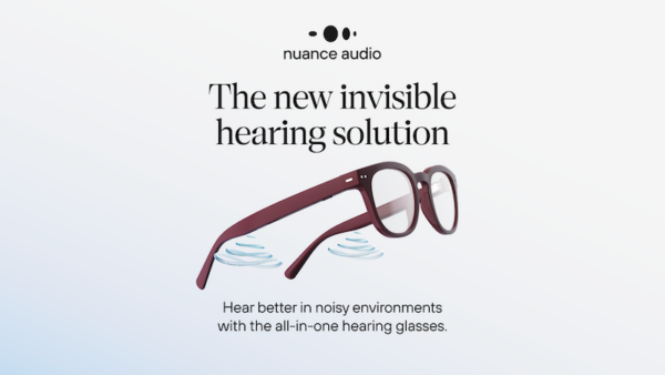 Nuance Auddio Glasses Promotional Image. Text: The new invisible hearing solution
